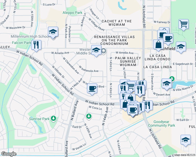 map of restaurants, bars, coffee shops, grocery stores, and more near 14477 West Clarendon Avenue in Goodyear