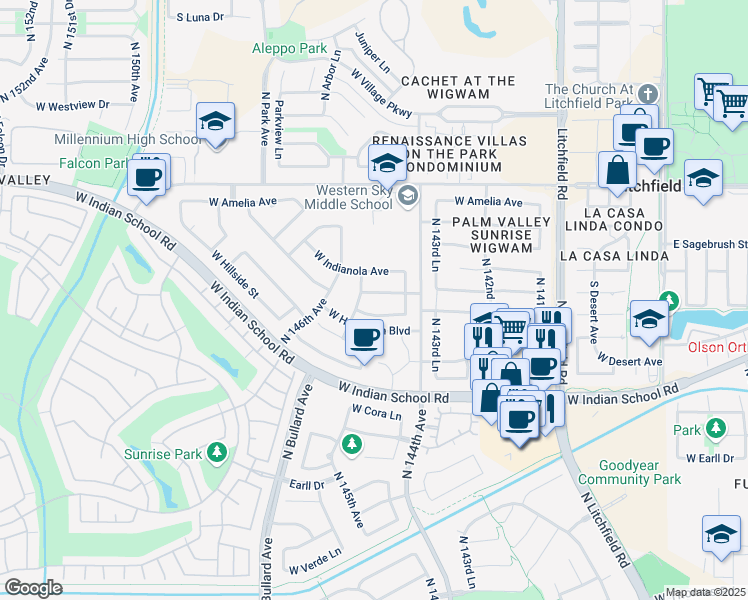map of restaurants, bars, coffee shops, grocery stores, and more near 14509 West Clarendon Avenue in Goodyear