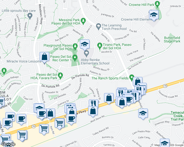 map of restaurants, bars, coffee shops, grocery stores, and more near 32857 Paterno Street in Temecula