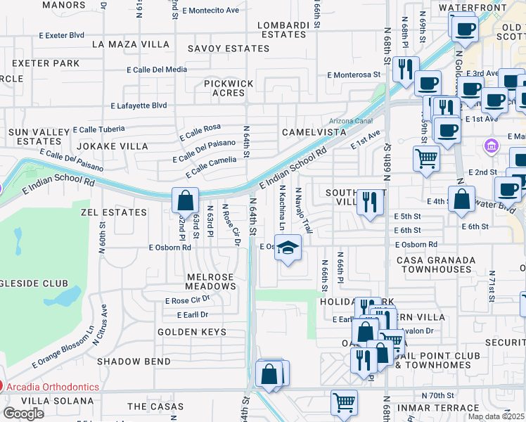 map of restaurants, bars, coffee shops, grocery stores, and more near 3501 North 64th Street in Scottsdale