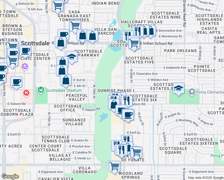 map of restaurants, bars, coffee shops, grocery stores, and more near Unnamed Road in Scottsdale
