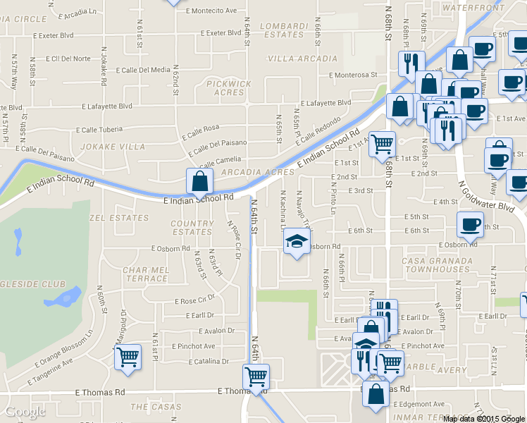 map of restaurants, bars, coffee shops, grocery stores, and more near 3513 North 64th Street in Scottsdale
