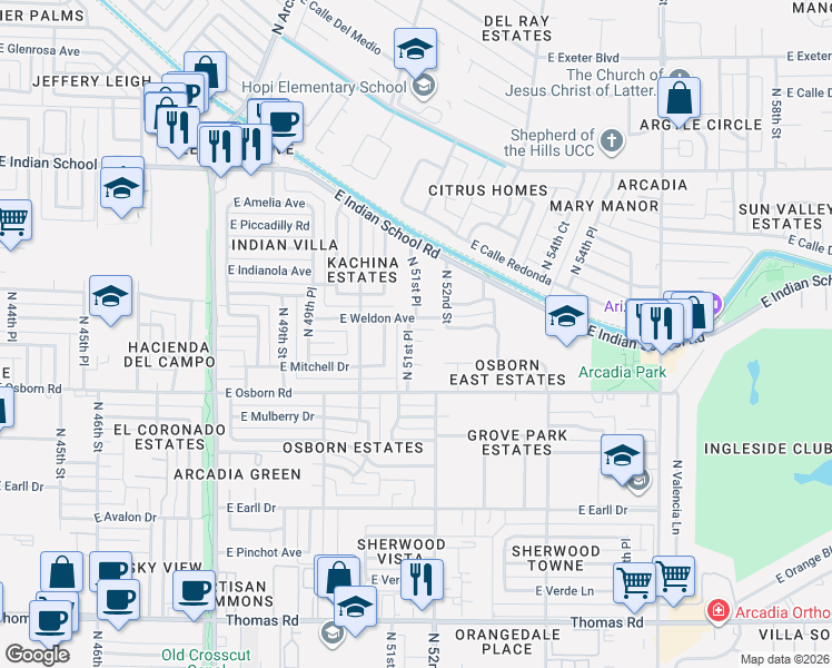 map of restaurants, bars, coffee shops, grocery stores, and more near 5127 East Whitton Avenue in Phoenix
