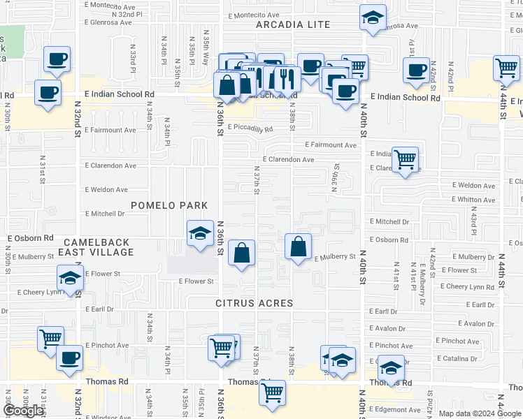 map of restaurants, bars, coffee shops, grocery stores, and more near 3432 North 37th Street in Phoenix