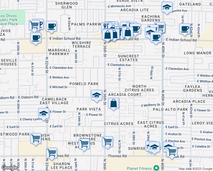 map of restaurants, bars, coffee shops, grocery stores, and more near 3439 North 36th Street in Phoenix