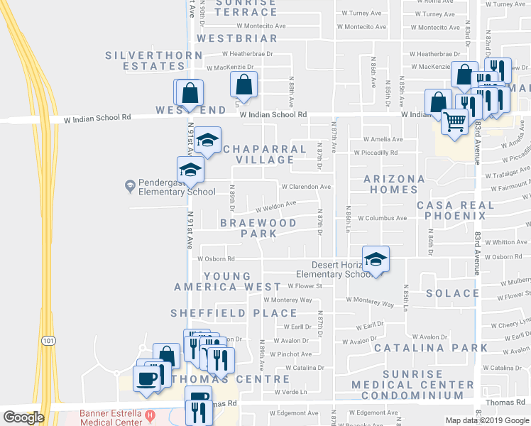 map of restaurants, bars, coffee shops, grocery stores, and more near 8858 West Columbus Avenue in Phoenix