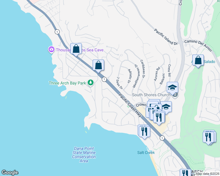 map of restaurants, bars, coffee shops, grocery stores, and more near 234 Monarch Bay Drive in Dana Point