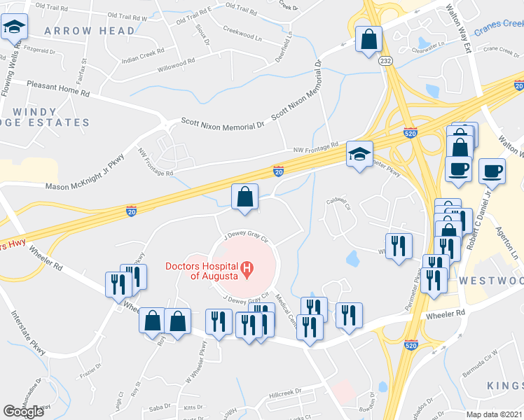 map of restaurants, bars, coffee shops, grocery stores, and more near 716 Legacy Court in Augusta