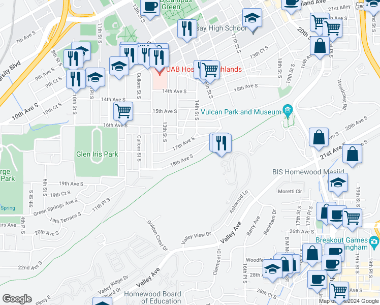 map of restaurants, bars, coffee shops, grocery stores, and more near 1337 18th Avenue South in Birmingham