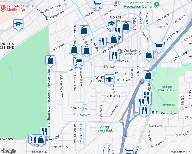 map of restaurants, bars, coffee shops, grocery stores, and more near 800 Center Place Southwest in Birmingham
