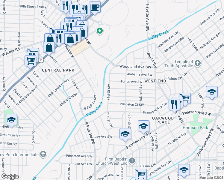 map of restaurants, bars, coffee shops, grocery stores, and more near 512 21st Street Southwest in Birmingham