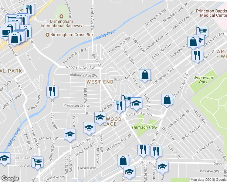 map of restaurants, bars, coffee shops, grocery stores, and more near 536 Francis Place Southwest in Birmingham
