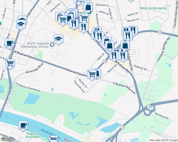 map of restaurants, bars, coffee shops, grocery stores, and more near 417 Metz Drive in North Augusta