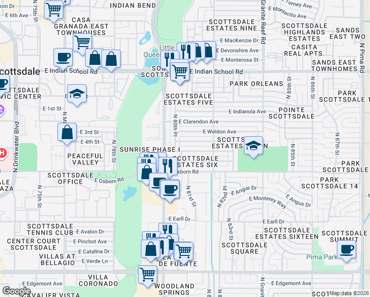 map of restaurants, bars, coffee shops, grocery stores, and more near 3514 North 81st Street in Scottsdale