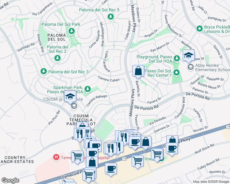 map of restaurants, bars, coffee shops, grocery stores, and more near 32208 Vía Bejarano in Temecula
