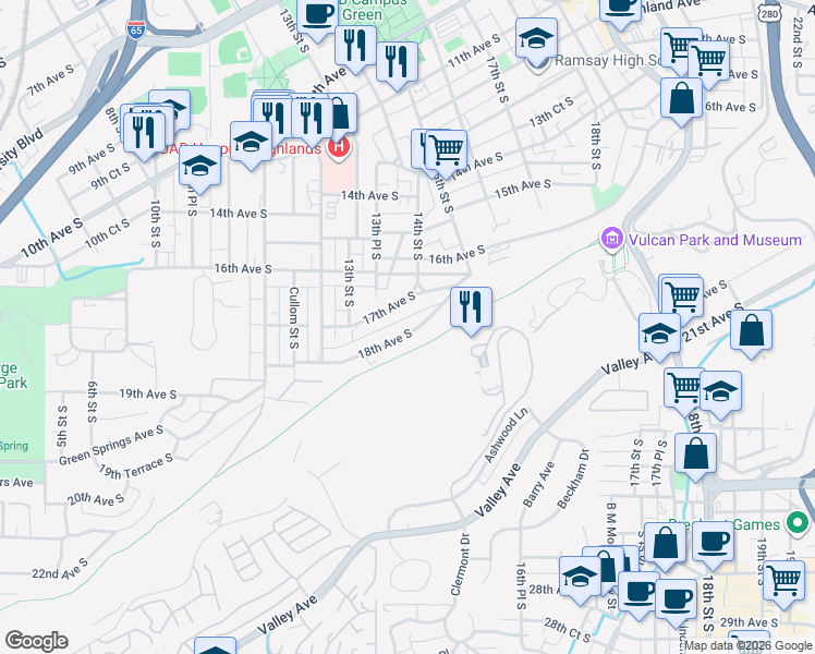map of restaurants, bars, coffee shops, grocery stores, and more near 1337 18th Avenue South in Birmingham