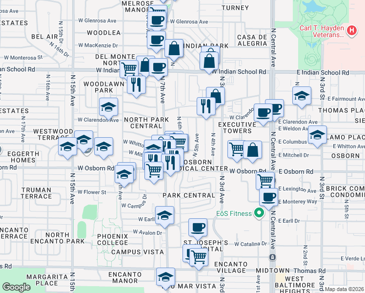 map of restaurants, bars, coffee shops, grocery stores, and more near 520 West Osborn Road in Phoenix