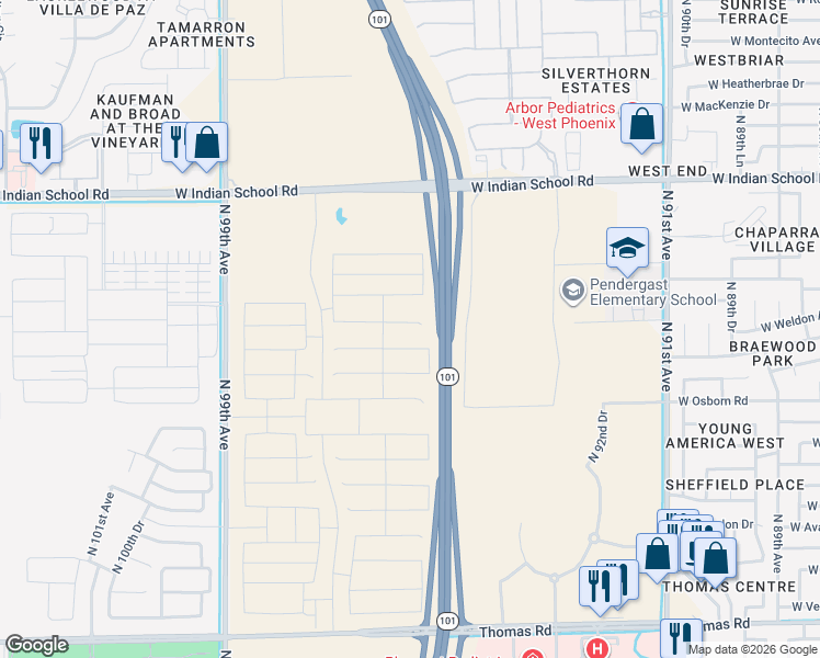 map of restaurants, bars, coffee shops, grocery stores, and more near 3398 Agua Fria Freeway in Phoenix
