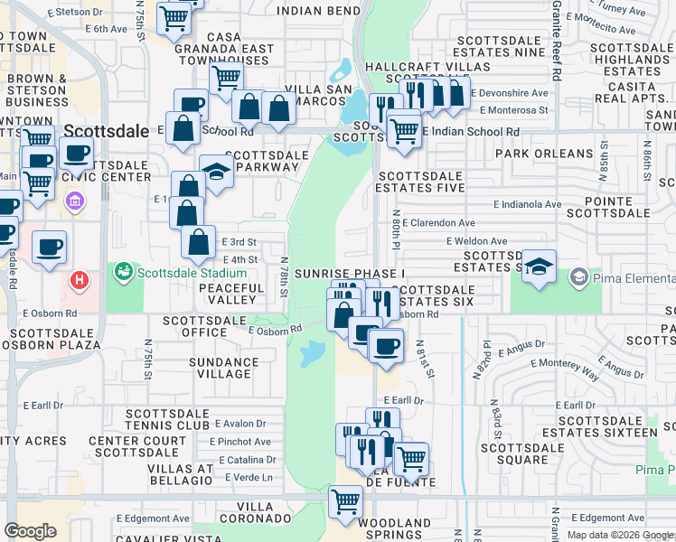 map of restaurants, bars, coffee shops, grocery stores, and more near Unnamed Road in Scottsdale