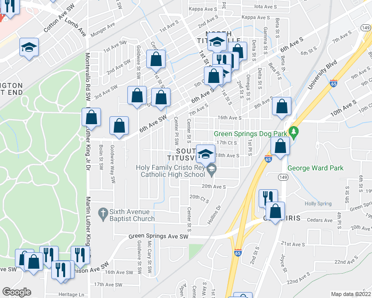 map of restaurants, bars, coffee shops, grocery stores, and more near 1753 Center Street South in Birmingham