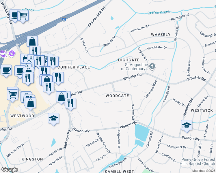 map of restaurants, bars, coffee shops, grocery stores, and more near 3416 Wheeler Road in Augusta