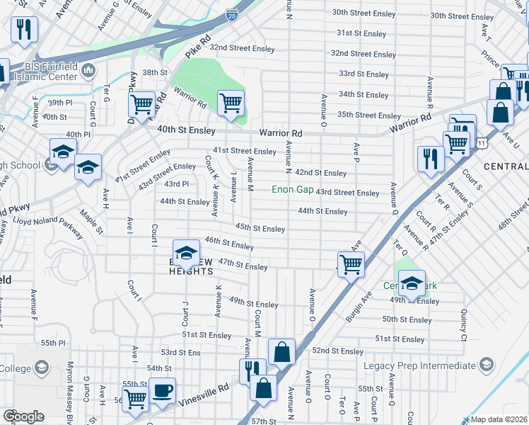 map of restaurants, bars, coffee shops, grocery stores, and more near 1317 44th Street Ensley in Birmingham