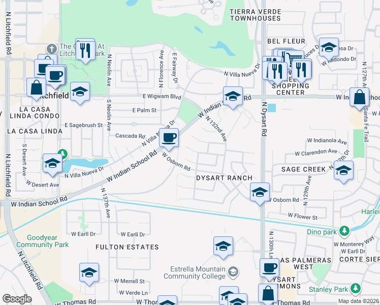 map of restaurants, bars, coffee shops, grocery stores, and more near 13306 West Clarendon Avenue in Litchfield Park