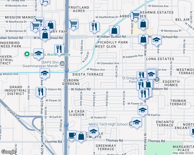 map of restaurants, bars, coffee shops, grocery stores, and more near 3432 North 23rd Avenue in Phoenix