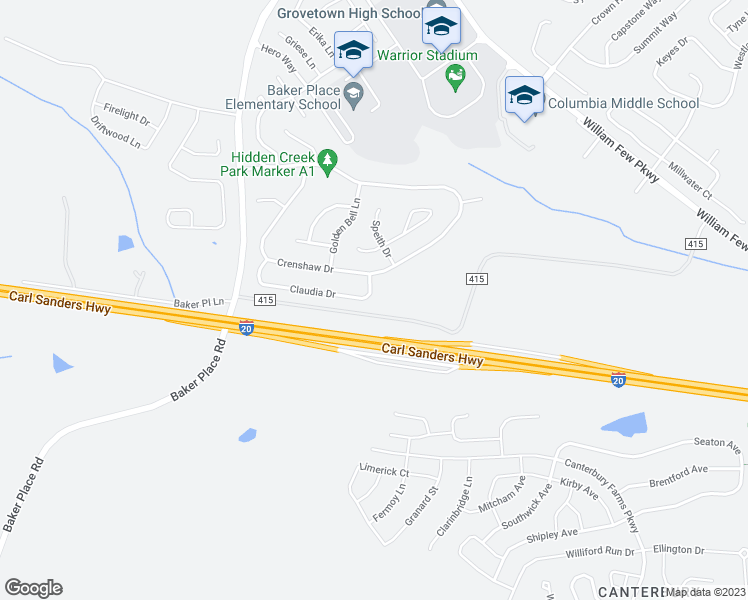 map of restaurants, bars, coffee shops, grocery stores, and more near 301 Claudia Drive in Grovetown