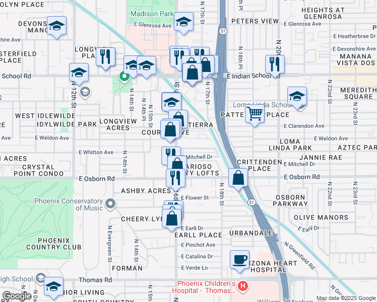 map of restaurants, bars, coffee shops, grocery stores, and more near 1614 East Mitchell Drive in Phoenix