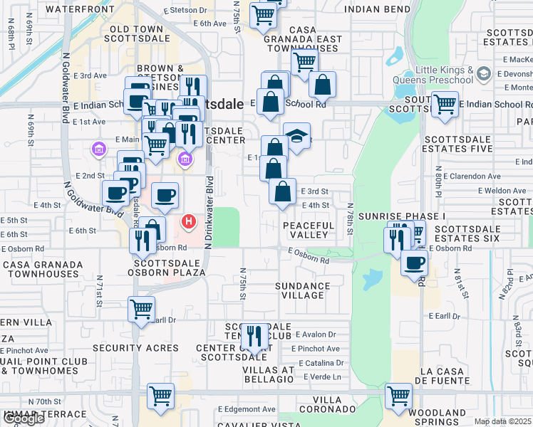 map of restaurants, bars, coffee shops, grocery stores, and more near 3524 North Miller Road in Scottsdale