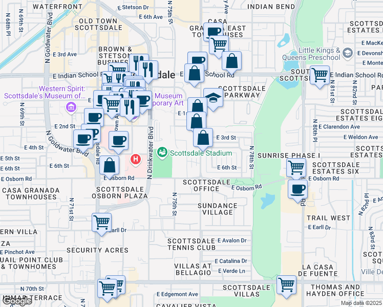 map of restaurants, bars, coffee shops, grocery stores, and more near 3524 North Miller Road in Scottsdale