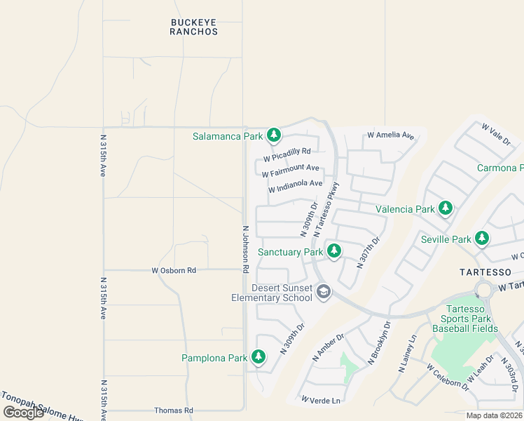 map of restaurants, bars, coffee shops, grocery stores, and more near 3722 North 310th Lane in Buckeye