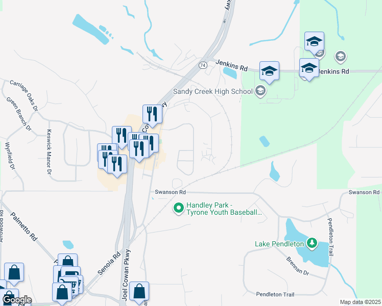 map of restaurants, bars, coffee shops, grocery stores, and more near 695 Millbrook Village Drive in Tyrone