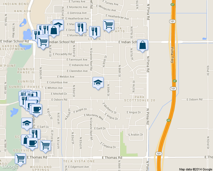 map of restaurants, bars, coffee shops, grocery stores, and more near 3508 North 85th Street in Scottsdale
