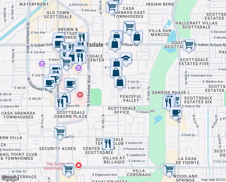 map of restaurants, bars, coffee shops, grocery stores, and more near 3524 North Miller Road in Scottsdale