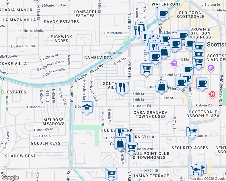 map of restaurants, bars, coffee shops, grocery stores, and more near 3516 North Hopi Way in Scottsdale