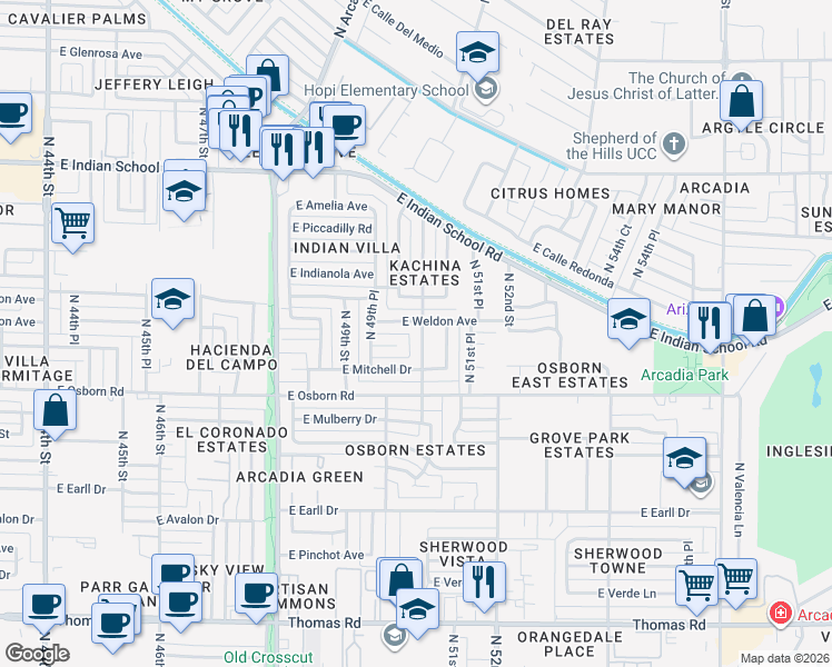 map of restaurants, bars, coffee shops, grocery stores, and more near 3437 North 50th Place in Phoenix