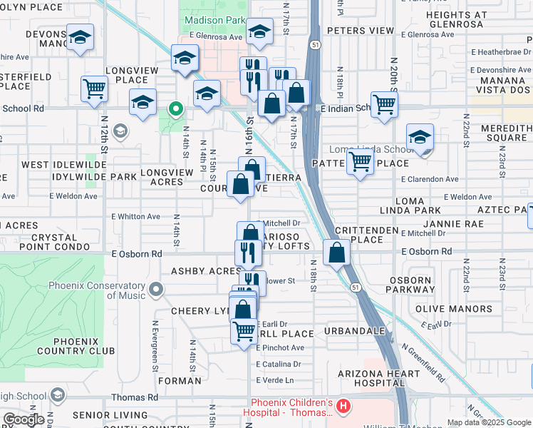 map of restaurants, bars, coffee shops, grocery stores, and more near 1614 East Mitchell Drive in Phoenix