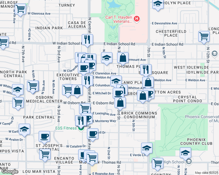 map of restaurants, bars, coffee shops, grocery stores, and more near 60 East Mitchell Drive in Phoenix