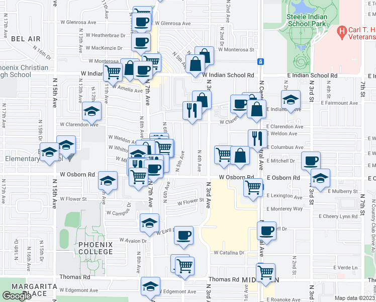 map of restaurants, bars, coffee shops, grocery stores, and more near 3601 North 5th Avenue in Phoenix