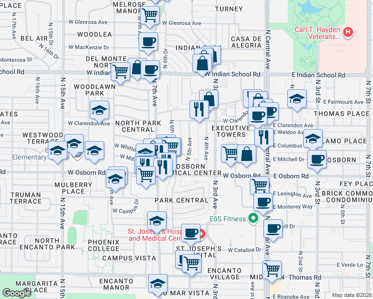 map of restaurants, bars, coffee shops, grocery stores, and more near 3601 North 5th Avenue in Phoenix