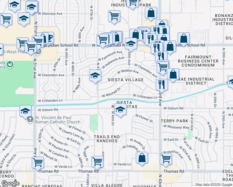map of restaurants, bars, coffee shops, grocery stores, and more near 4547 West Crittenden Lane in Phoenix