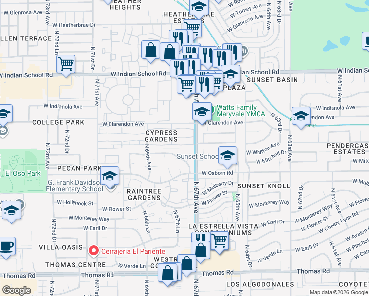 map of restaurants, bars, coffee shops, grocery stores, and more near 6738 West Crittenden Lane in Phoenix