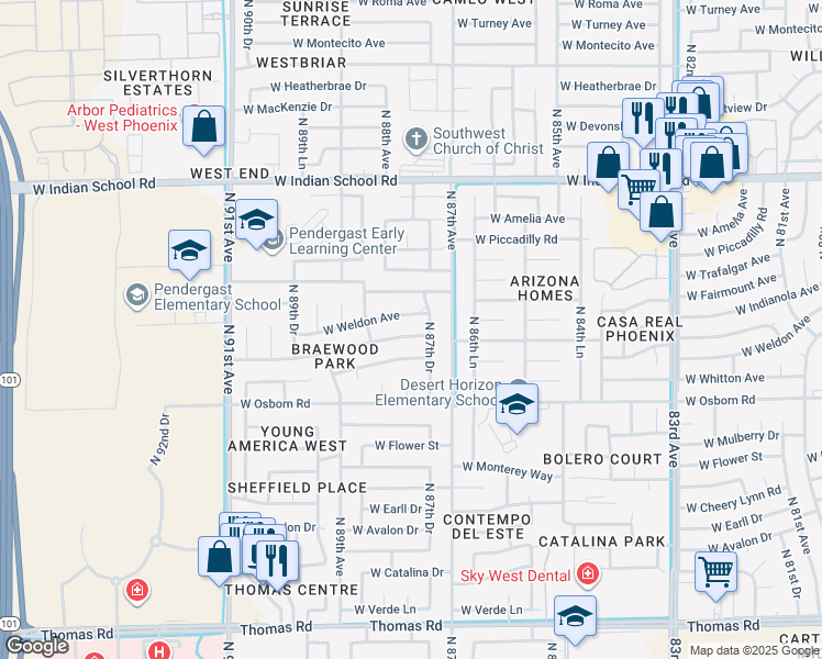 map of restaurants, bars, coffee shops, grocery stores, and more near 8737 West Columbus Avenue in Phoenix