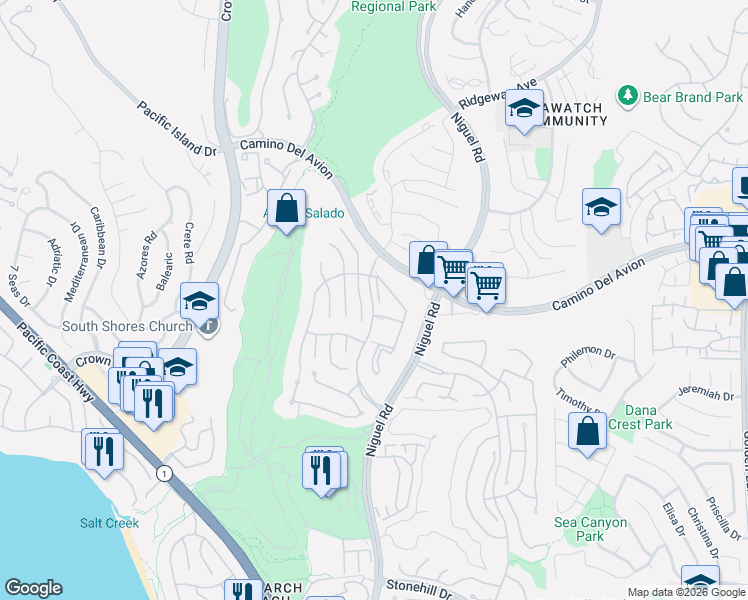 map of restaurants, bars, coffee shops, grocery stores, and more near 72 San Raphael in Dana Point