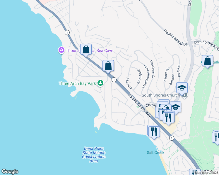 map of restaurants, bars, coffee shops, grocery stores, and more near 203 Monarch Bay Drive in Dana Point