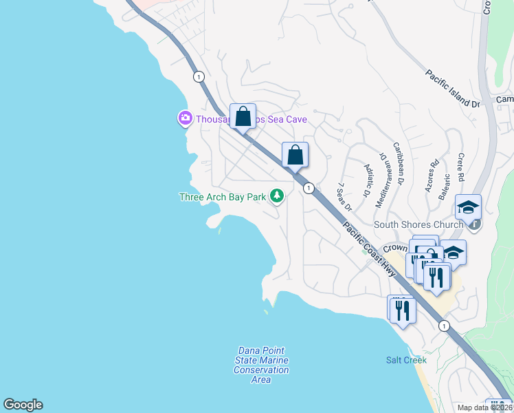 map of restaurants, bars, coffee shops, grocery stores, and more near 35 Bay Drive in Laguna Beach