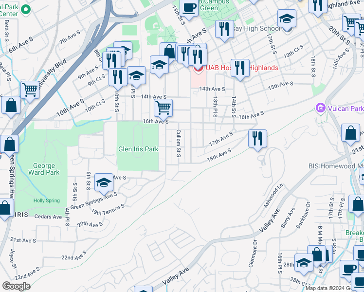 map of restaurants, bars, coffee shops, grocery stores, and more near 1705 Cullom Street South in Birmingham
