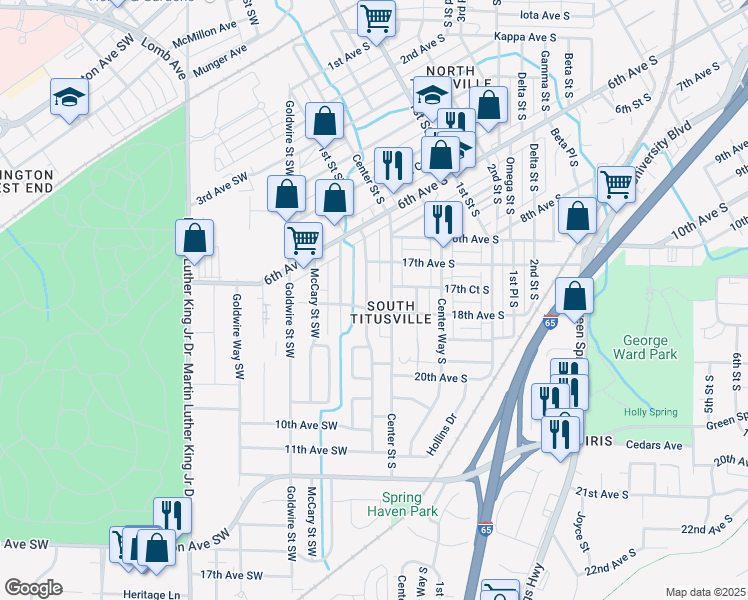 map of restaurants, bars, coffee shops, grocery stores, and more near 800 Center Place Southwest in Birmingham